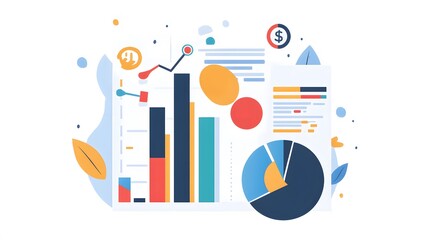 bar graph, pie chart and report paper isolated on white. 