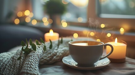 Fototapeta premium cup of tea with burning candles in cozy home