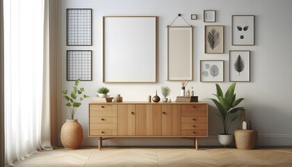blank poster frame mockup on white wall living room with wooden sideboard with small green plant