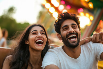 young indian couple enjoying on roller coaster