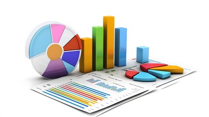 bar graph, pie chart and report paper isolated on white. 