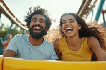 young indian couple enjoying on roller coaster