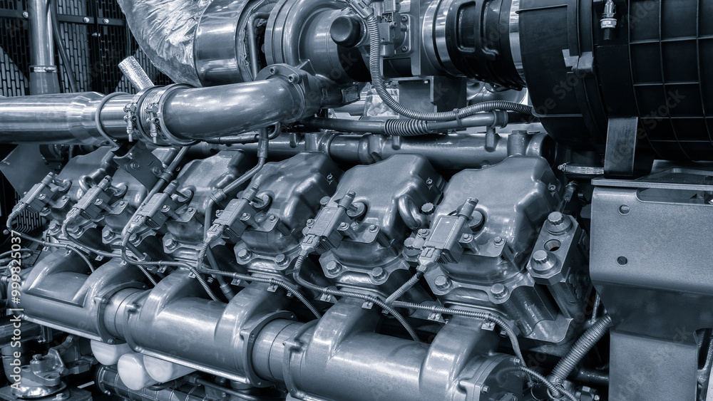 Poster a large engine with many cylinders and pistons. the engine is black and silver. the engine is very l