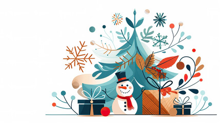 Fototapeta premium Festive winter scene featuring cheerful snowman, decorated Christmas tree, and beautifully wrapped gifts. 