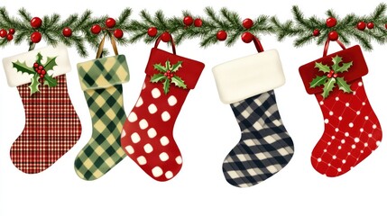 A festive display of colorful Christmas stockings hanging against a white background adorned with evergreen garland and holly