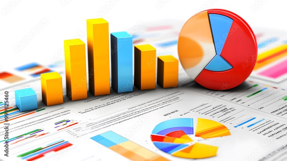 Wall mural bar graph, pie chart and report paper isolated on white.