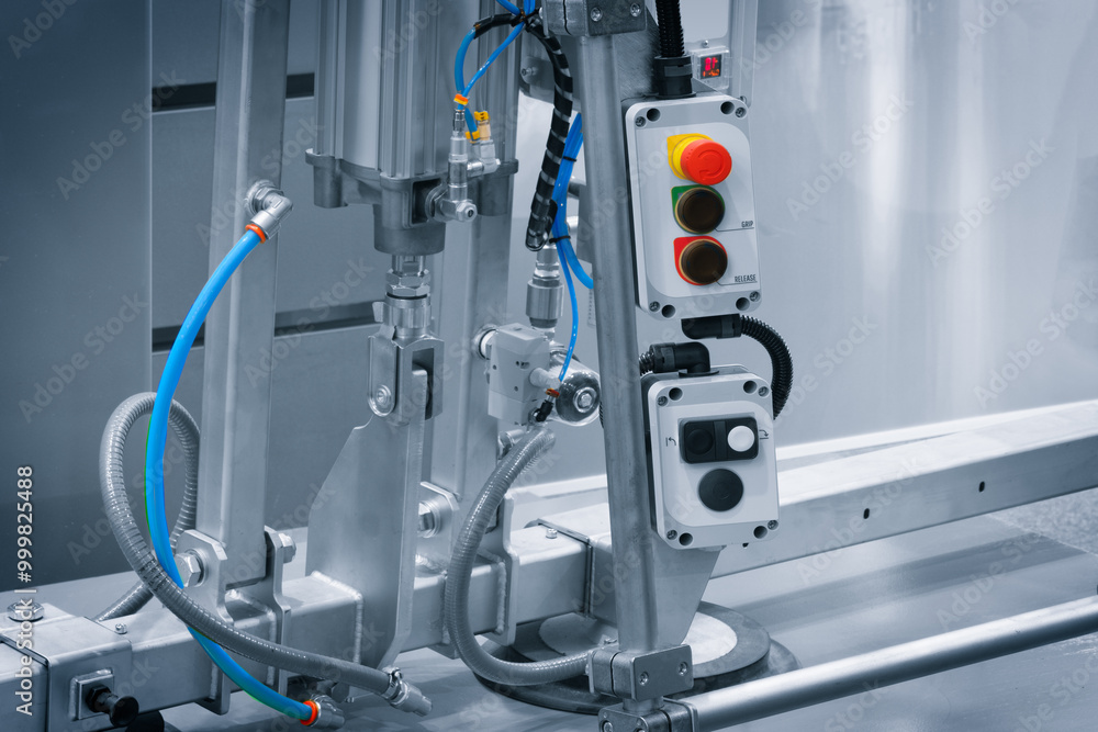Poster A machine with a red button and a green button. The machine is made of metal and has a blue hose attached to it
