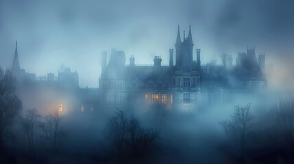 Fototapeta premium Mysterious castle shrouded in fog, with dim lights glowing from windows, creates eerie atmosphere. silhouette of structure looms against misty backdrop