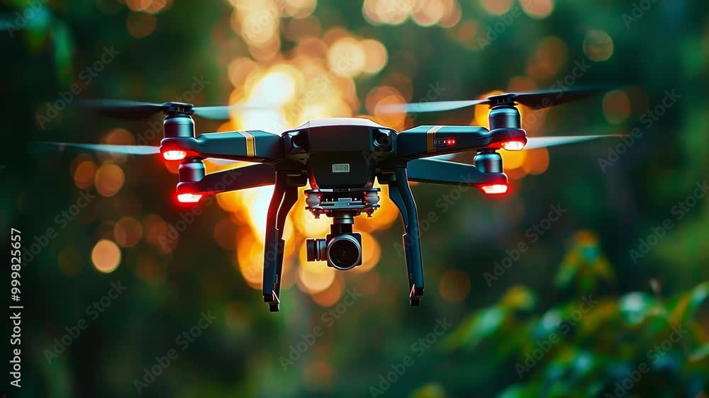Poster drone is hovering in the air with its red lights illuminated, capturing footage of the beautiful sun