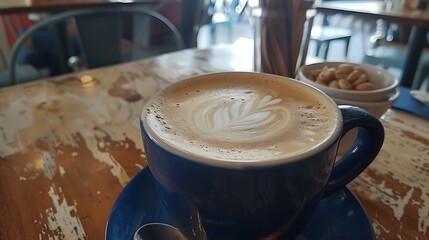 Delightful hot latte in a navy mug at a local coffee shop in sunny miami beach