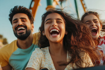 happy indian people enjoying on roller coaster