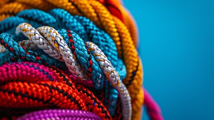 durable colored rope for climbing equipment on a blue background climbing rope coil of braided cable