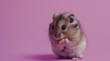 Dwarf gray hamster isolated on purple background little house cute baby hamster standing facing front hamster eating food