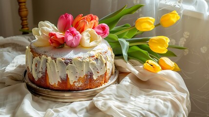 Easter cake and bunch of tulips