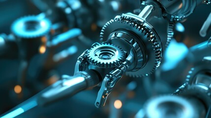 Fototapeta premium Close-up shot of intricate gears and robotic arms in a smart factory, illustrating advanced industrial technology.