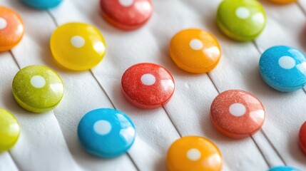 Colorful candy buttons on a strip of paper, close-up shot capturing their texture and playful design