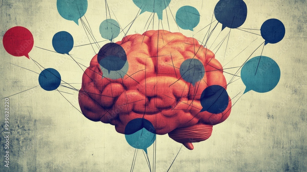 Poster conceptual image of a brain surrounded by interconnected speech bubbles, signifying communication an