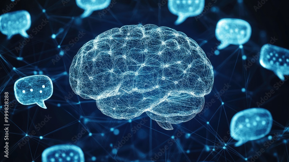 Poster conceptual image of a brain surrounded by interconnected speech bubbles, signifying communication an