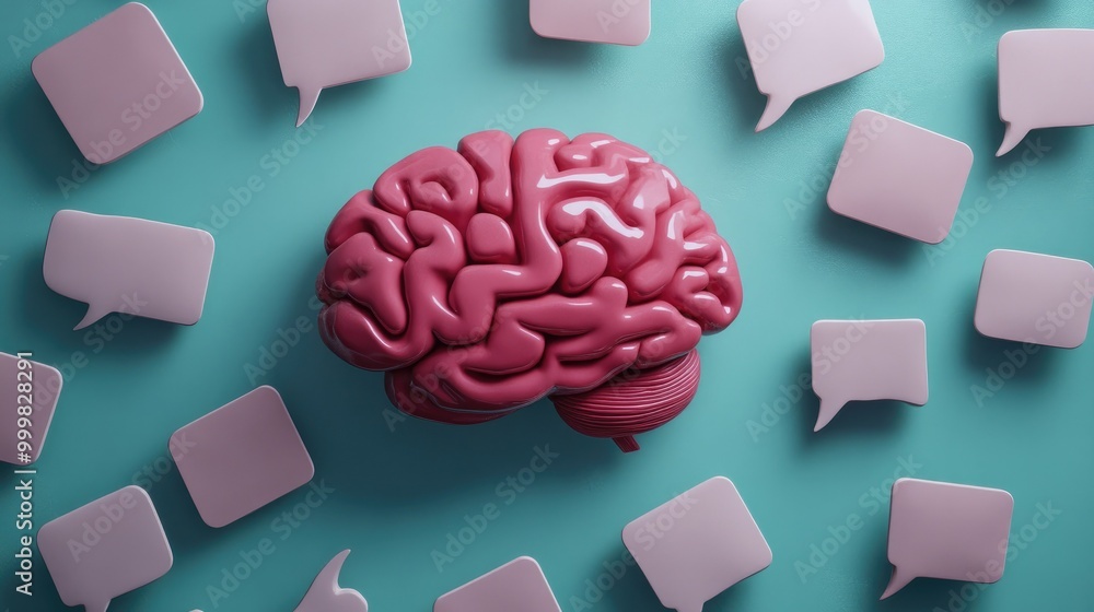 Poster conceptual image of a brain surrounded by interconnected speech bubbles, signifying communication an