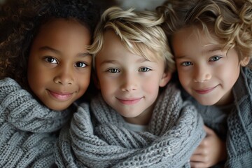Closeup of three happy children, one black girl with curly hair and brown skin