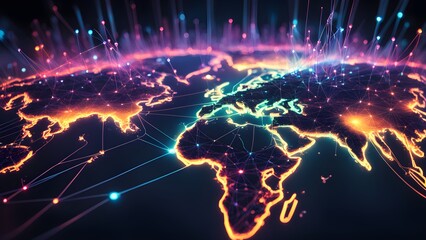 Obraz premium A glowing network of lines connecting the continents of the world, representing global connectivity.