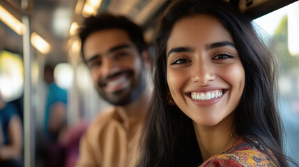 Obraz premium young indian couple sitting in metro train