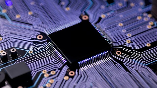 microchip on an illuminated circuit board, showcasing advanced technology and innovation in electronics and computing.
