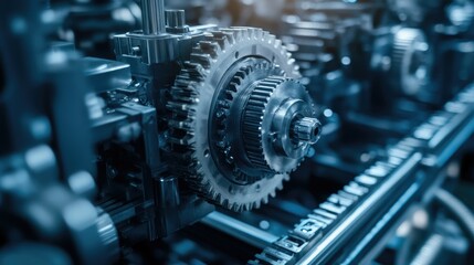 Detailed close-up of robotic gears and components in an automated factory setting, representing precision tech.