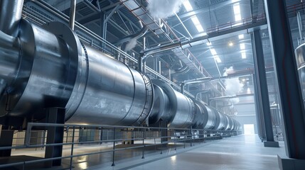 A long line of metal pipes in a factory