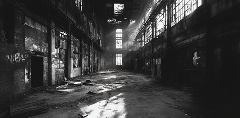 Black-and-white photography of an abandoned factory interior