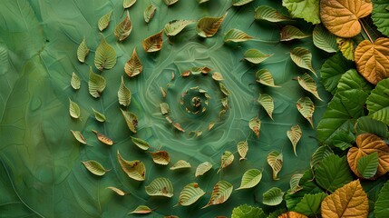 Fototapeta premium Leaves Arranged in Fibonacci Pattern on Green Background