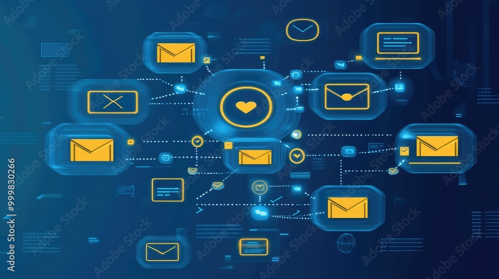 Poster digital email flow with automation and spam filter icons, symbolizing efficient email marketing and 