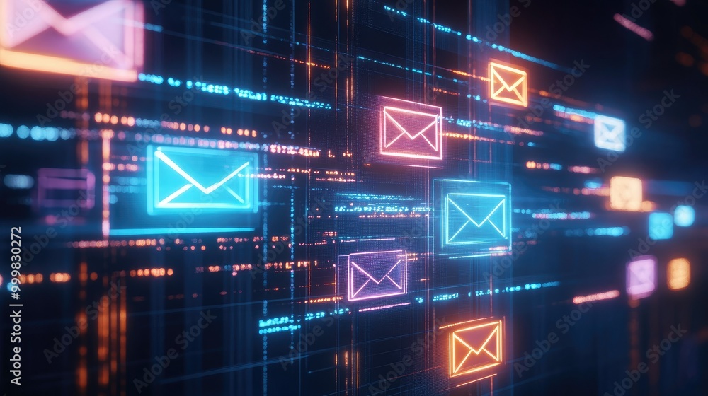 Poster digital email flow with automation and spam filter icons, symbolizing efficient email marketing and 