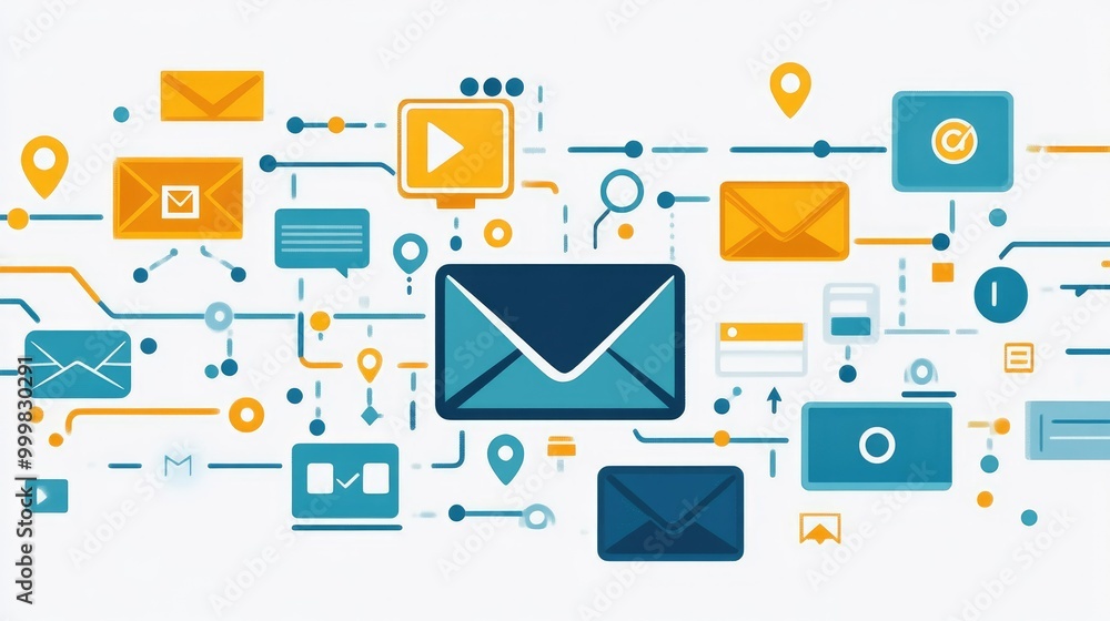 Poster digital email flow with automation and spam filter icons, symbolizing efficient email marketing and 