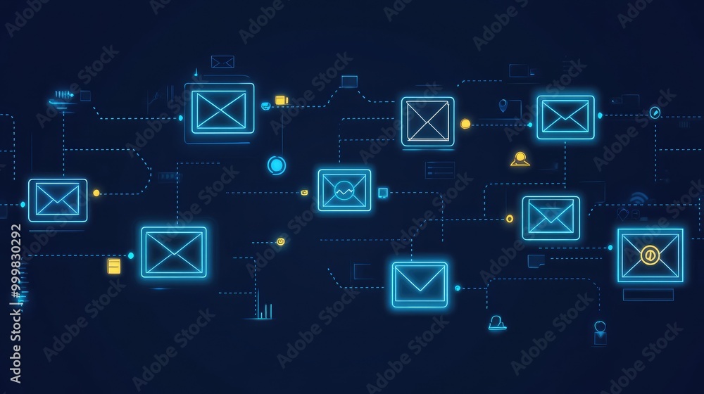 Poster digital email flow with automation and spam filter icons, symbolizing efficient email marketing and 