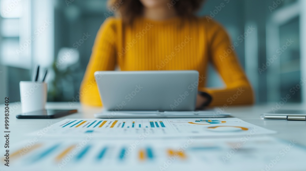 Poster a focused individual analyzing data on a tablet, surrounded by charts and graphs, showcasing a moder
