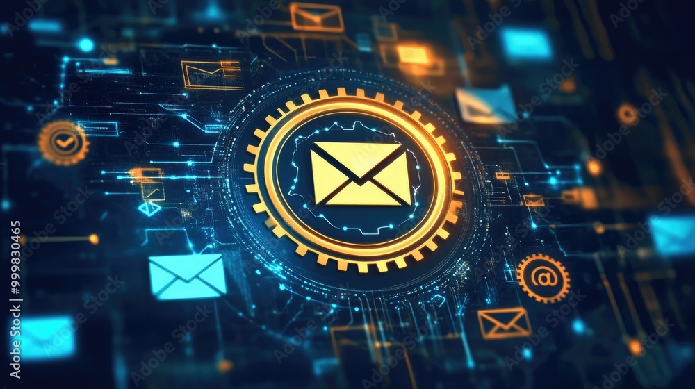 Poster digital email interface with automation gears and spam filter icons, illustrating efficient email ca