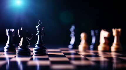 Chess pieces on a board, dramatic lighting, dark background.