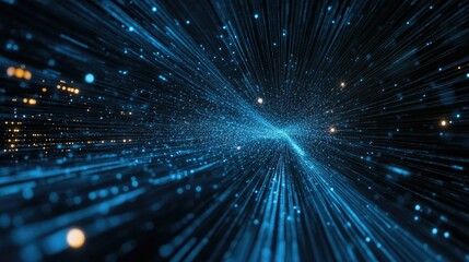 Fototapeta premium Digital speed lines radiating across a dark field, visualizing high-speed data transmission.
