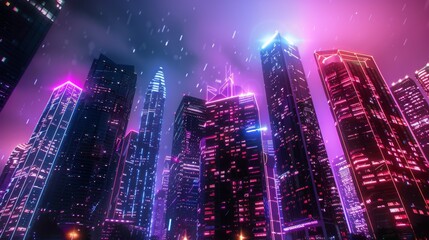 Obraz premium A cityscape with neon lights and a dark sky