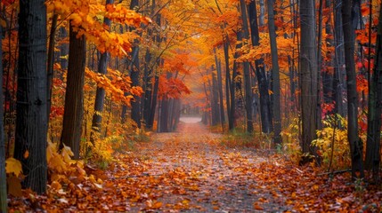 Fototapeta premium A path through a forest with leaves on the ground