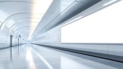 Naklejka premium A blank white poster displayed on a subway platform wall, with the train tracks stretching into the distance and a clean, minimalist environment.