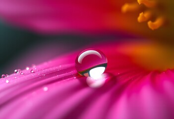 A stunning macro shot of a water droplet resting on a vibrant green leaf, showcasing the beauty of nature. The dew-covered grass glistens under soft light, and the droplet reflects its surroundings 