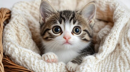 Naklejka premium A cute kitten peeks out from a cozy knitted blanket in a woven basket, showcasing its big eyes and playful demeanor.