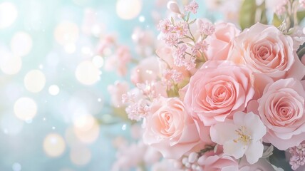 Beautiful arrangement of pink roses and delicate flowers, set against a soft, dreamy background filled with gentle bokeh lights. Perfect for floral designs and romantic themes.