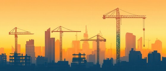 Obraz premium Silhouette of construction cranes against a vibrant orange sunset, showcasing urban development and skyline changes.