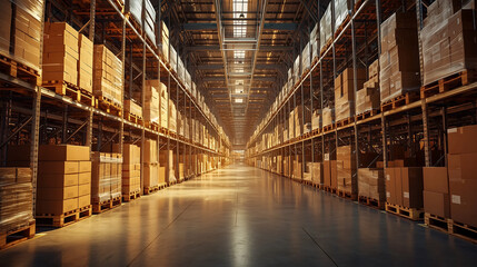 Fototapeta premium A spacious warehouse aisle filled with neatly stacked boxes on shelves, illuminated by warm overhead lighting, creating an organized storage environment.