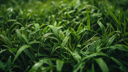 Obraz premium A lush green field with raindrops on the grass
