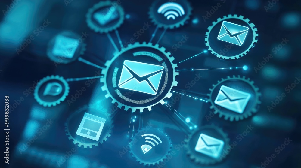 Poster email campaign dashboard with automation gears and spam filter icons, illustrating streamlined email