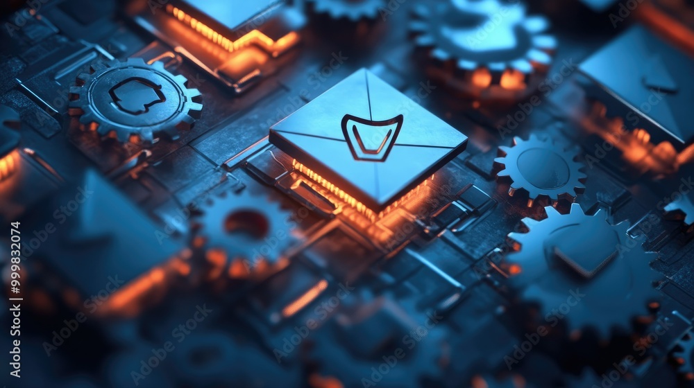 Poster email icons with automation gears and spam filters, symbolizing the streamlined email marketing proc